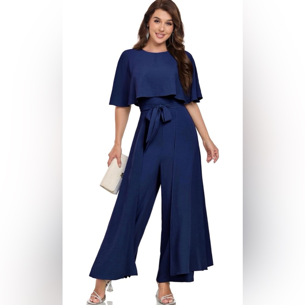 Dressy Casual One-Piece Outfits Elegant Formal Cape Wide Leg Rompers Evening